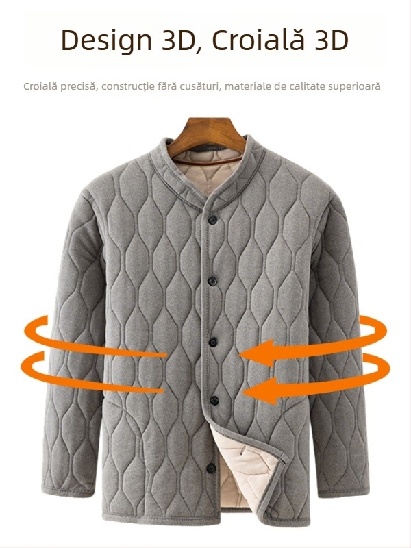 Set de iarnă pentru bărbați din bumbac, cu umplutură poliester, căptușeală fleece, guler înalt, croială lejeră, buzunare patch