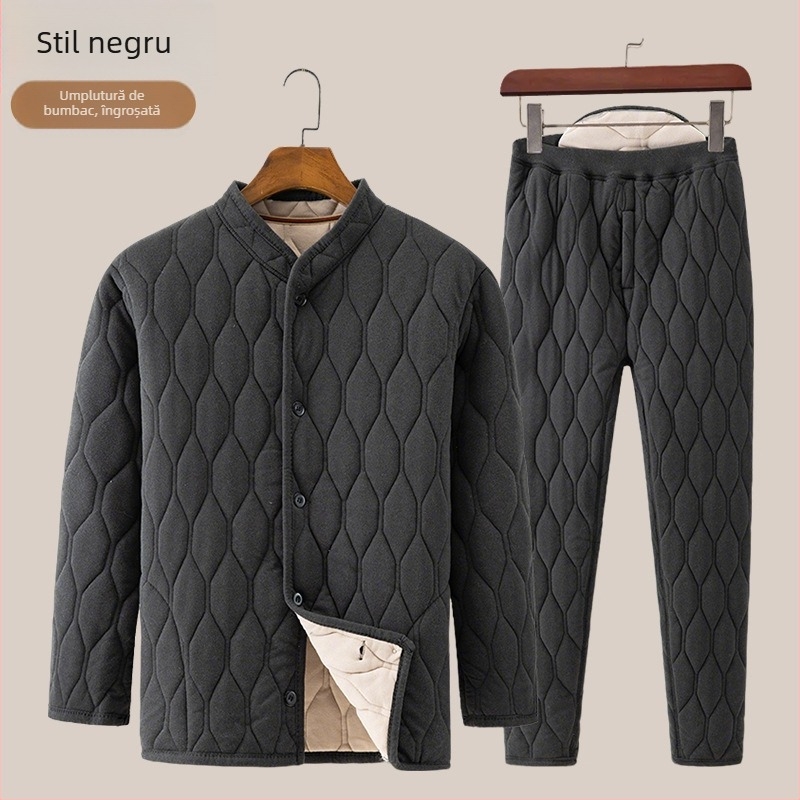 Set de iarnă pentru bărbați din bumbac, cu umplutură poliester, căptușeală fleece, guler înalt, croială lejeră, buzunare patch