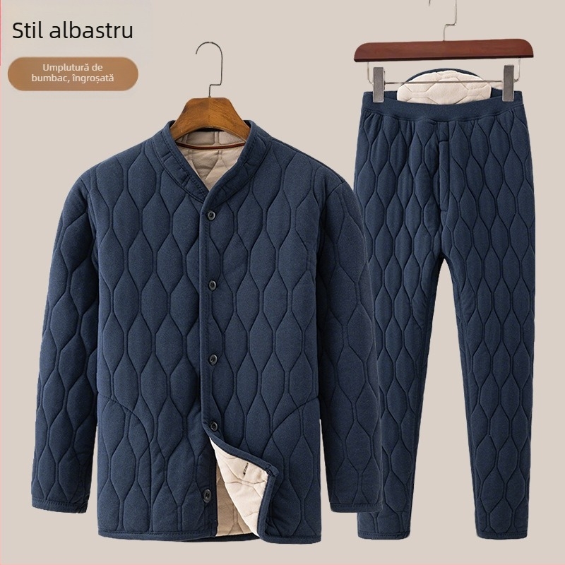 Set de iarnă pentru bărbați din bumbac, cu umplutură poliester, căptușeală fleece, guler înalt, croială lejeră, buzunare patch