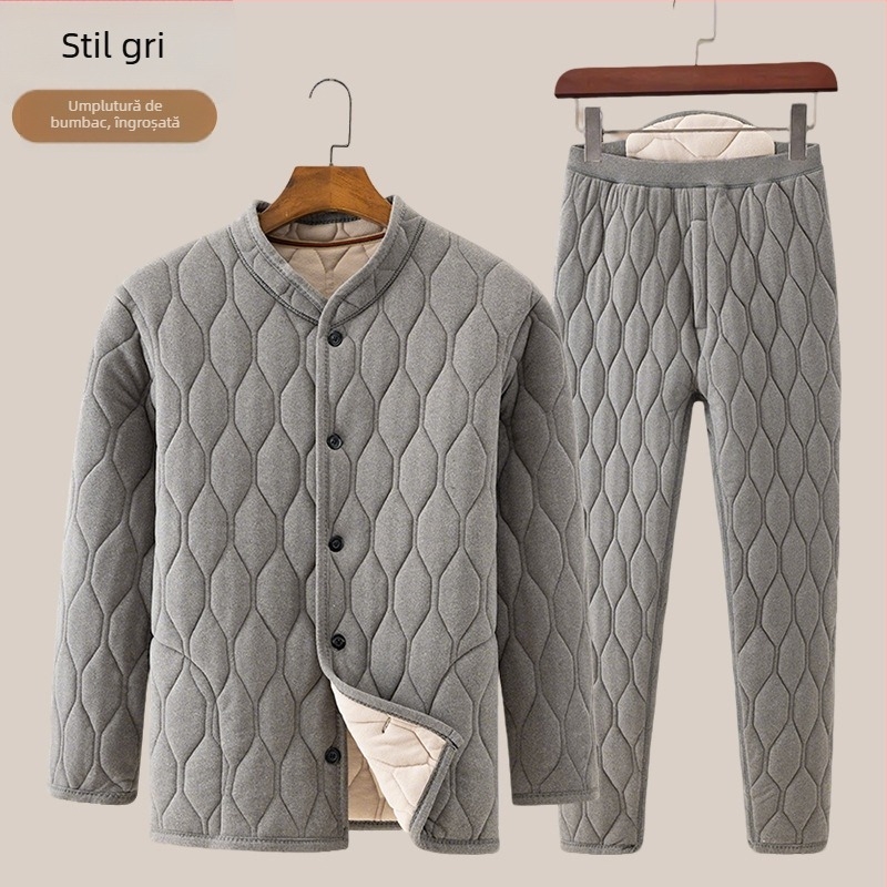 Set de iarnă pentru bărbați din bumbac, cu umplutură poliester, căptușeală fleece, guler înalt, croială lejeră, buzunare patch