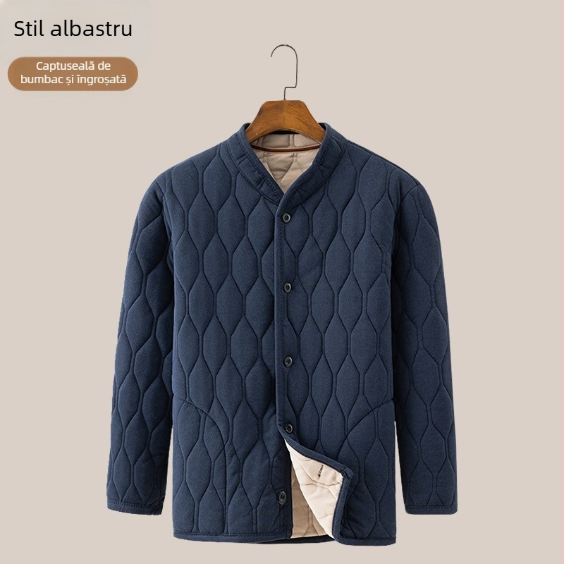 Set de iarnă pentru bărbați din bumbac, cu umplutură poliester, căptușeală fleece, guler înalt, croială lejeră, buzunare patch