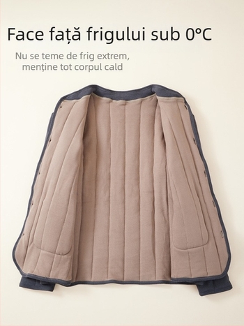 Geacă călduroasă din lână-pamăză pentru bărbați în vârstă, căptușită cu fleece, gros și cald, guler înalt, croială strânsă, închidere cu nasturi, mai multe buzunare, îmbrăcăminte de iarnă