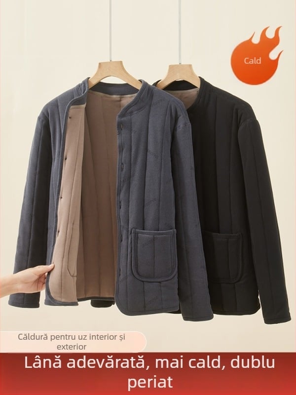 Geacă călduroasă din lână-pamăză pentru bărbați în vârstă, căptușită cu fleece, gros și cald, guler înalt, croială strânsă, închidere cu nasturi, mai multe buzunare, îmbrăcăminte de iarnă