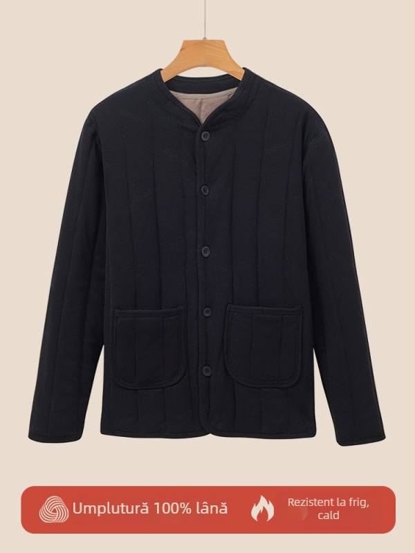 Geacă călduroasă din lână-pamăză pentru bărbați în vârstă, căptușită cu fleece, gros și cald, guler înalt, croială strânsă, închidere cu nasturi, mai multe buzunare, îmbrăcăminte de iarnă