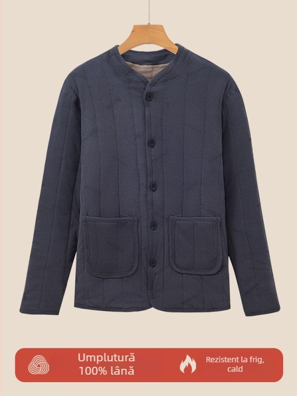 Geacă călduroasă din lână-pamăză pentru bărbați în vârstă, căptușită cu fleece, gros și cald, guler înalt, croială strânsă, închidere cu nasturi, mai multe buzunare, îmbrăcăminte de iarnă