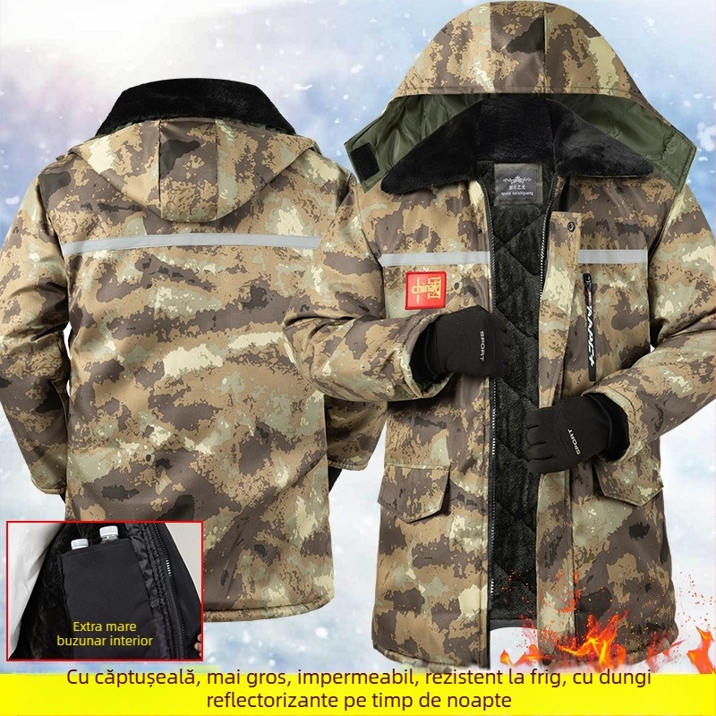 Geacă de iarnă camuflaj cu căptușeală din bumbac, exterior impermeabil, lungime medie, fermoar frontal, căptușeală de fleece