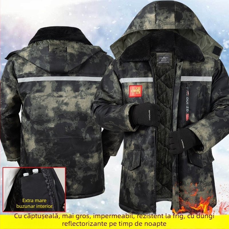 Geacă de iarnă camuflaj cu căptușeală din bumbac, exterior impermeabil, lungime medie, fermoar frontal, căptușeală de fleece
