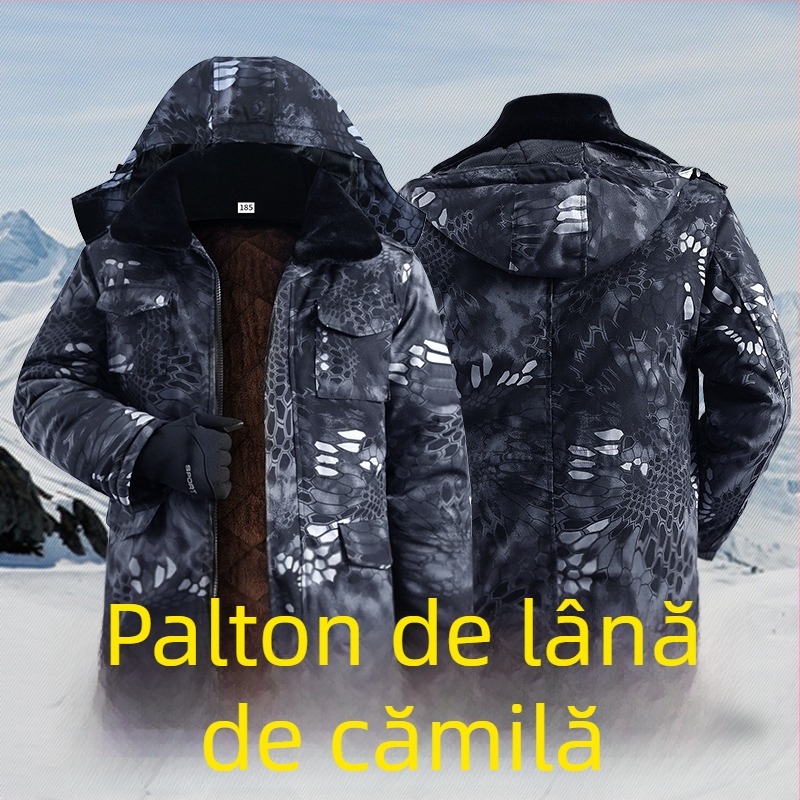 Geacă de iarnă camuflaj cu căptușeală din bumbac, exterior impermeabil, lungime medie, fermoar frontal, căptușeală de fleece