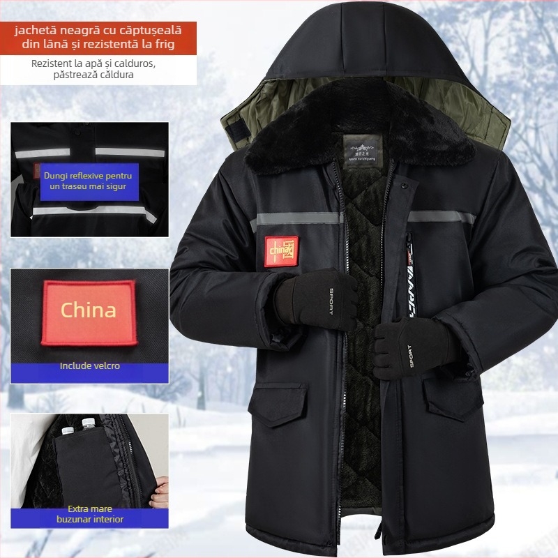 Geacă de iarnă camuflaj cu căptușeală din bumbac, exterior impermeabil, lungime medie, fermoar frontal, căptușeală de fleece