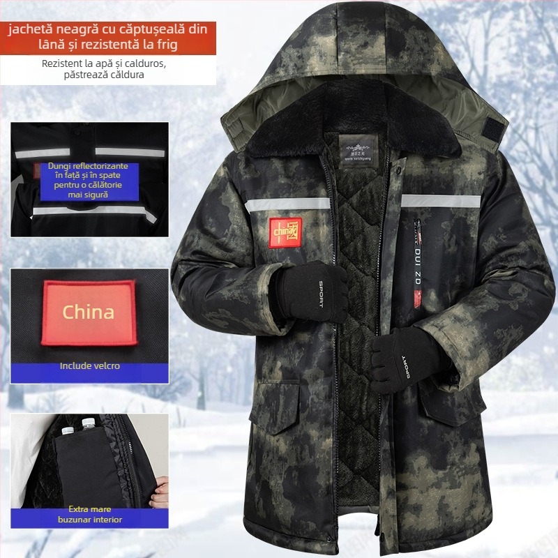Geacă de iarnă camuflaj cu căptușeală din bumbac, exterior impermeabil, lungime medie, fermoar frontal, căptușeală de fleece
