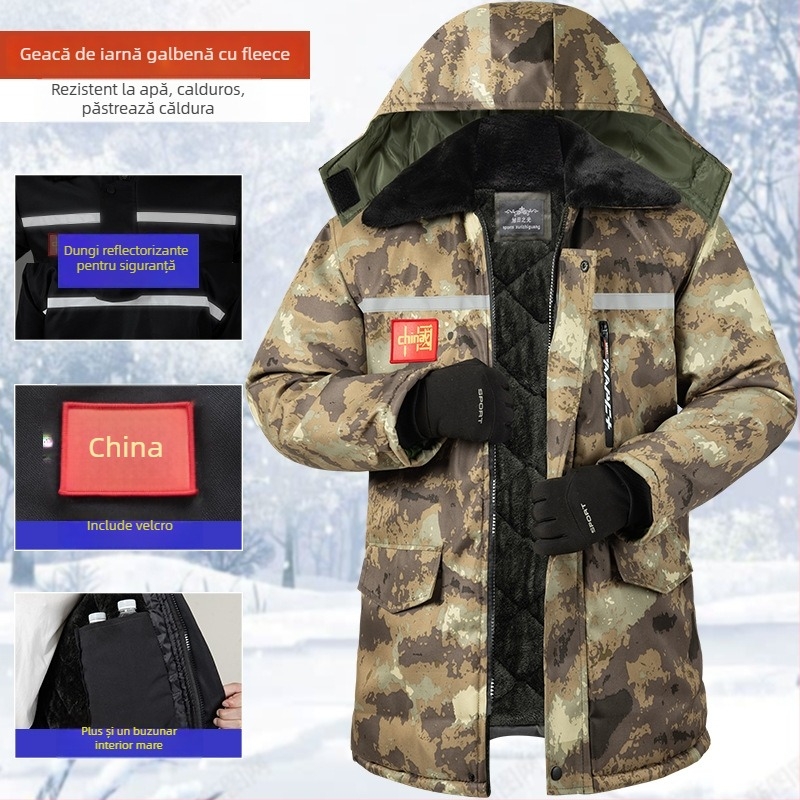Geacă de iarnă camuflaj cu căptușeală din bumbac, exterior impermeabil, lungime medie, fermoar frontal, căptușeală de fleece