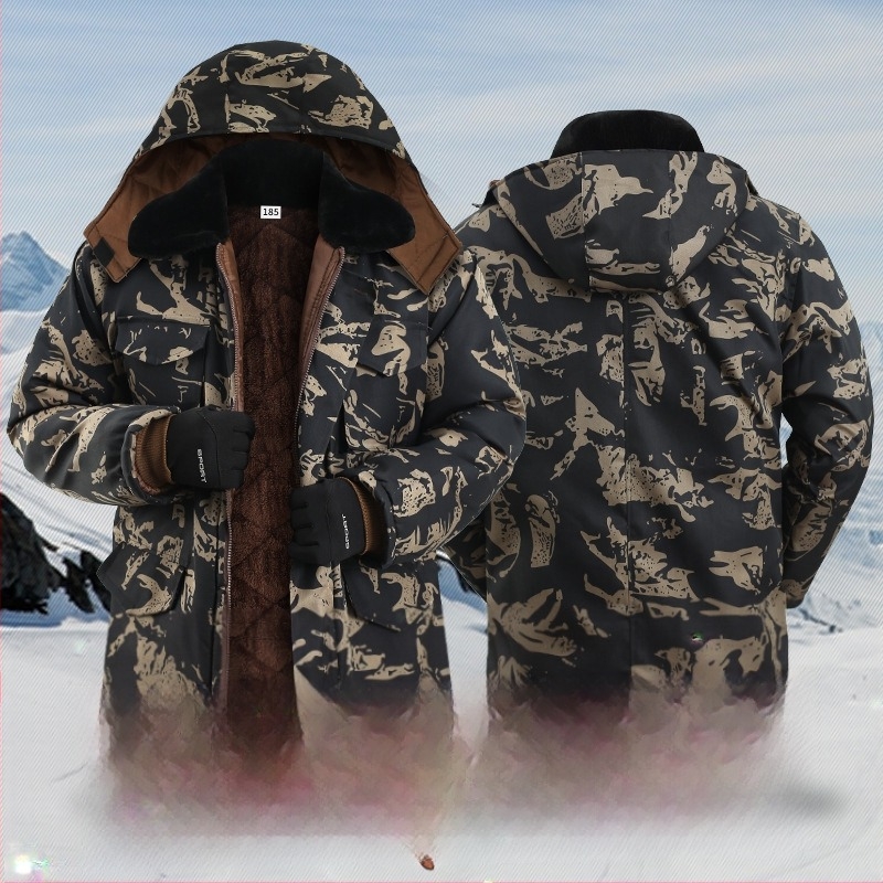 Geacă de iarnă camuflaj cu căptușeală din bumbac, exterior impermeabil, lungime medie, fermoar frontal, căptușeală de fleece