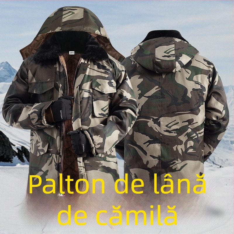 Geacă de iarnă camuflaj cu căptușeală din bumbac, exterior impermeabil, lungime medie, fermoar frontal, căptușeală de fleece