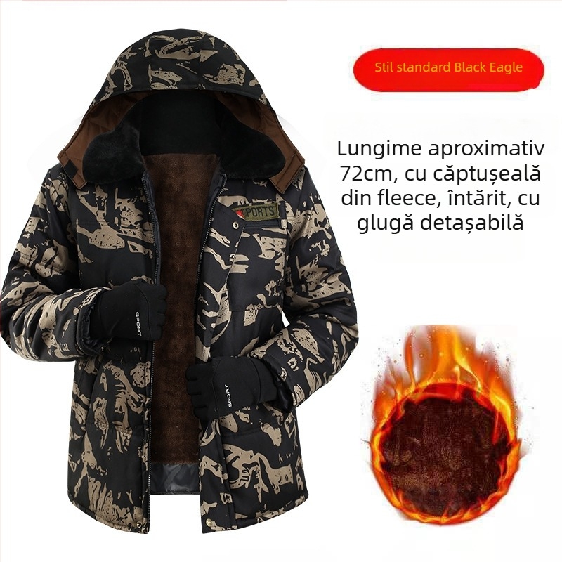 Geacă de iarnă camuflaj cu căptușeală din bumbac, exterior impermeabil, lungime medie, fermoar frontal, căptușeală de fleece