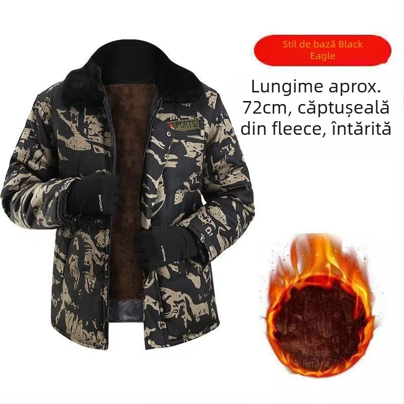 Geacă de iarnă camuflaj cu căptușeală din bumbac, exterior impermeabil, lungime medie, fermoar frontal, căptușeală de fleece