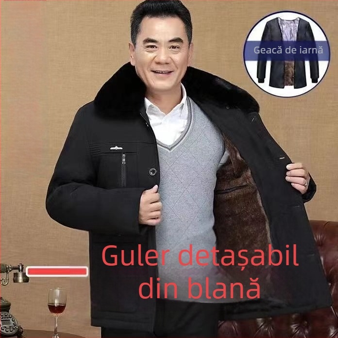 Geacă de iarnă din bumbac, căptușită cu fleece, croială lejeră, închidere cu nasturi, pentru bărbați în vârstă