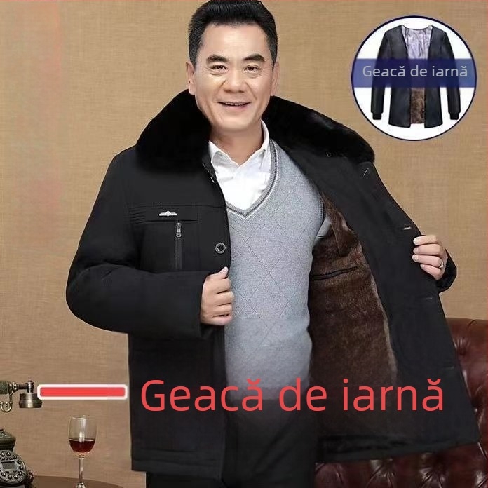 Geacă de iarnă din bumbac, căptușită cu fleece, croială lejeră, închidere cu nasturi, pentru bărbați în vârstă