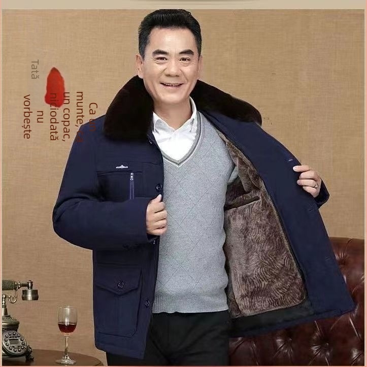 Geacă de iarnă din bumbac, căptușită cu fleece, croială lejeră, închidere cu nasturi, pentru bărbați în vârstă