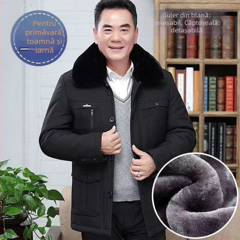 Geacă de iarnă din bumbac, căptușită cu fleece, croială lejeră, închidere cu nasturi, pentru bărbați în vârstă