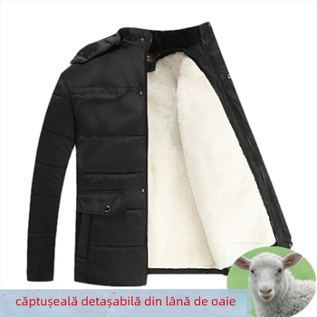 Palton din lână cu umplutură din bumbac pentru bărbați de vârstă mijlocie, cu glugă, fermoar, gros, cu căptușeală interioară detașabilă