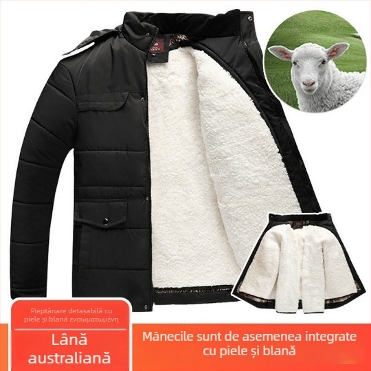 Palton din lână cu umplutură din bumbac pentru bărbați de vârstă mijlocie, cu glugă, fermoar, gros, cu căptușeală interioară detașabilă