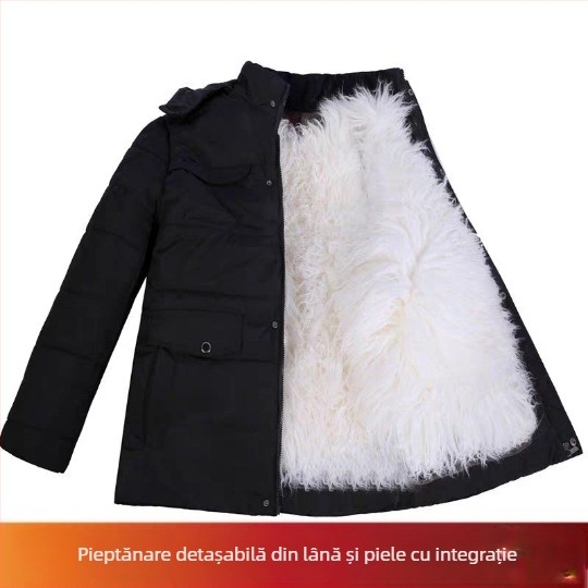 Palton din lână cu umplutură din bumbac pentru bărbați de vârstă mijlocie, cu glugă, fermoar, gros, cu căptușeală interioară detașabilă