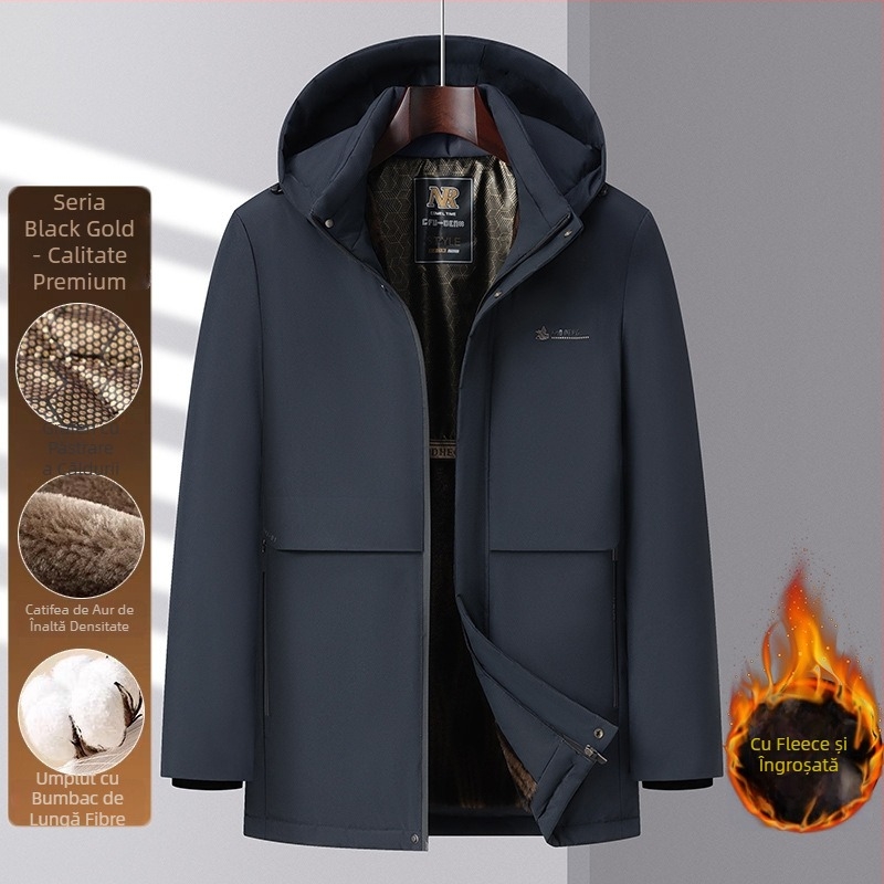 Geacă de iarnă căptușită cu fleece, cu glugă, umplutură poliester, fermoar, pentru bărbați adulți