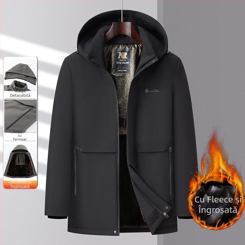 Geacă de iarnă căptușită cu fleece, cu glugă, umplutură poliester, fermoar, pentru bărbați adulți