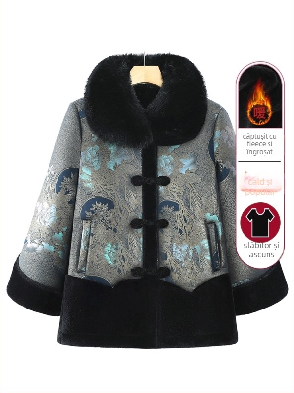 Palton de iarnă din bumbac pentru femei în vârstă - căptușeală groasă, umplutură din bumbac-sintetic mătase, poliester 95%+, croială lejeră, guler rotund (Iarna 2024)