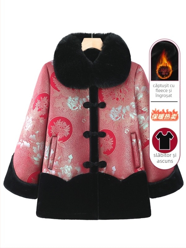 Palton de iarnă din bumbac pentru femei în vârstă - căptușeală groasă, umplutură din bumbac-sintetic mătase, poliester 95%+, croială lejeră, guler rotund (Iarna 2024)