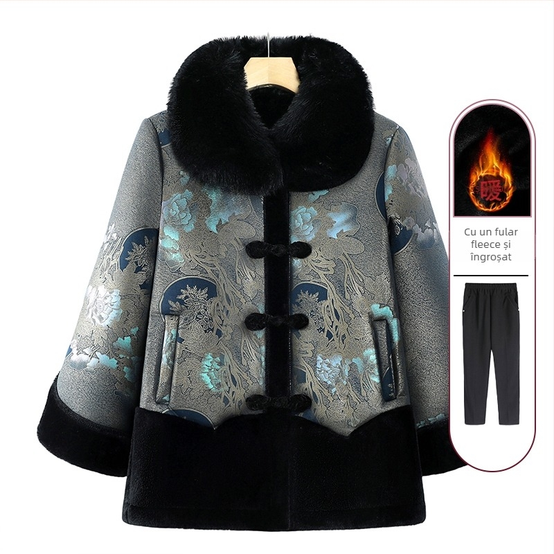 Palton de iarnă din bumbac pentru femei în vârstă - căptușeală groasă, umplutură din bumbac-sintetic mătase, poliester 95%+, croială lejeră, guler rotund (Iarna 2024)