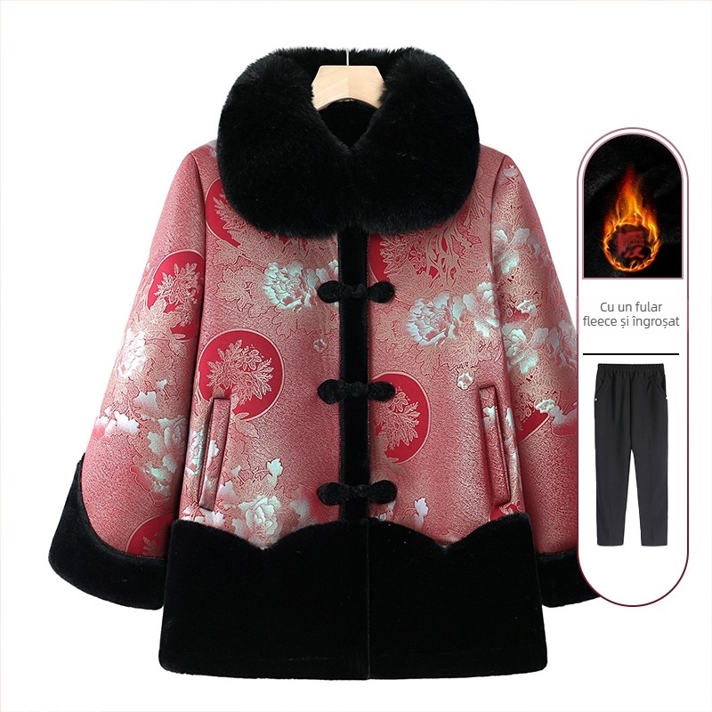 Palton de iarnă din bumbac pentru femei în vârstă - căptușeală groasă, umplutură din bumbac-sintetic mătase, poliester 95%+, croială lejeră, guler rotund (Iarna 2024)