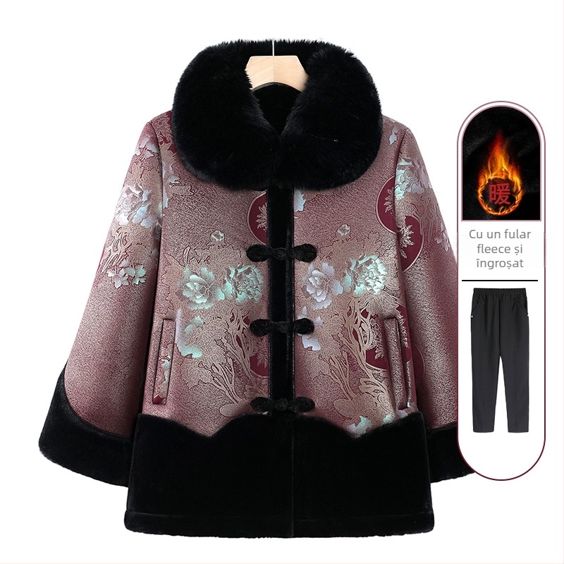 Palton de iarnă din bumbac pentru femei în vârstă - căptușeală groasă, umplutură din bumbac-sintetic mătase, poliester 95%+, croială lejeră, guler rotund (Iarna 2024)