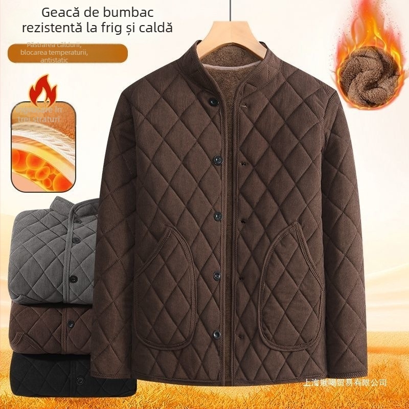 Jachetă din bumbac cu căptușeală fleece, fără glugă, fermoar, pentru iarnă, caldă și rezistentă la vânt