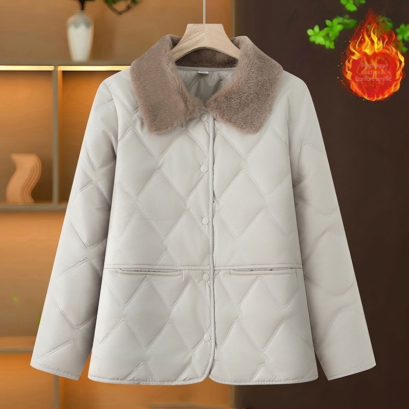 Jachetă de iarnă din bumbac vatelat, guler din blană artificială, nasturi pe un rând, lungime medie, mâneci lungi, stil casual japonez-coreean