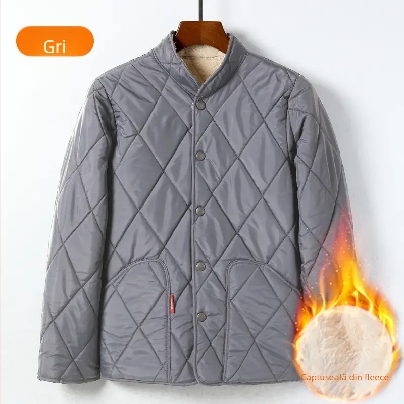 Palton de bumbac căptușit cu fleece, croială lejeră, guler înalt, închidere cu nasturi pe un rând, căptușeală Sherpa, pentru iarnă, casual.