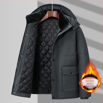 Jachetă căptușită din bumbac cu glugă, fermoar, croială lejeră, umplutură din mătase-pamuk, căptușeală poliesterică, iarnă