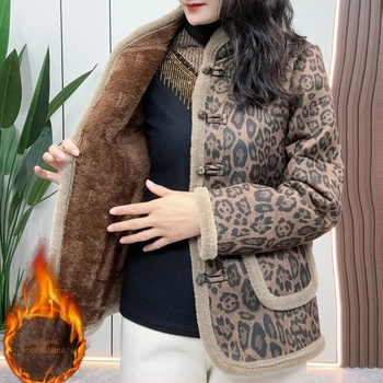 Geacă din poliester pentru femei, izolație groasă, guler înalt, mâneci lungi, stil casual japonezo-coreean, imprimeu animal