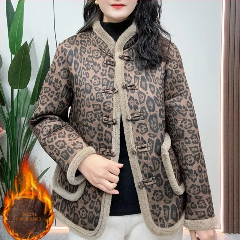 Geacă din poliester pentru femei, izolație groasă, guler înalt, mâneci lungi, stil casual japonezo-coreean, imprimeu animal