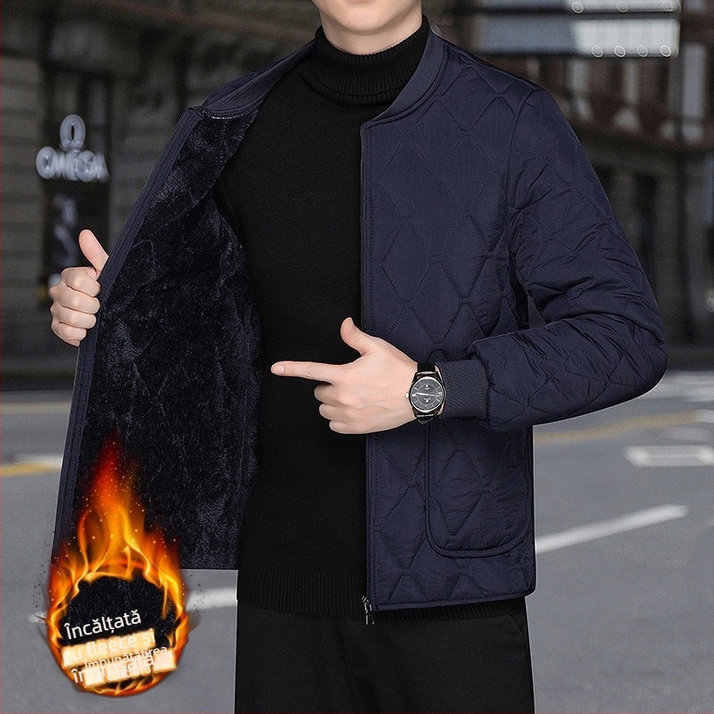 Geacă bărbați cu umplutură din poliester, căptușită cu fleece, croială lejeră, guler înalt, fermoar, buzunare de tip patch