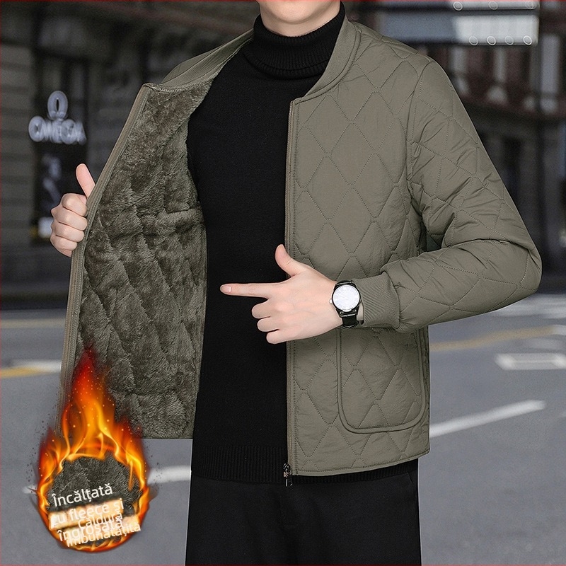 Geacă bărbați cu umplutură din poliester, căptușită cu fleece, croială lejeră, guler înalt, fermoar, buzunare de tip patch