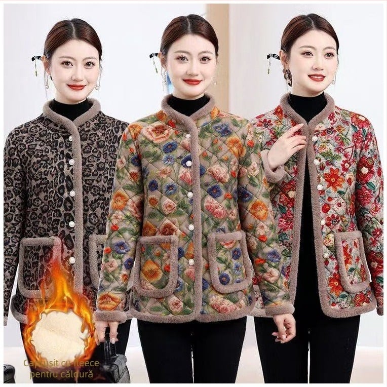 Jachetă din bumbac cu căptușeală de fleece, model floral, guler înalt, mâneci lungi, croială lejeră - Iarnă 2025.