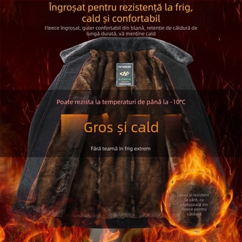 Geacă de iarnă pentru bărbați de vârstă mijlocie, căptușită cu fleece, groasă, cu fermoar și buzunare practice.