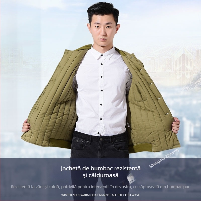 Palton din bumbac pentru bărbați (stil cardigan, croială lejeră, închidere cu nasturi pe un rând, căptușit cu fleece)