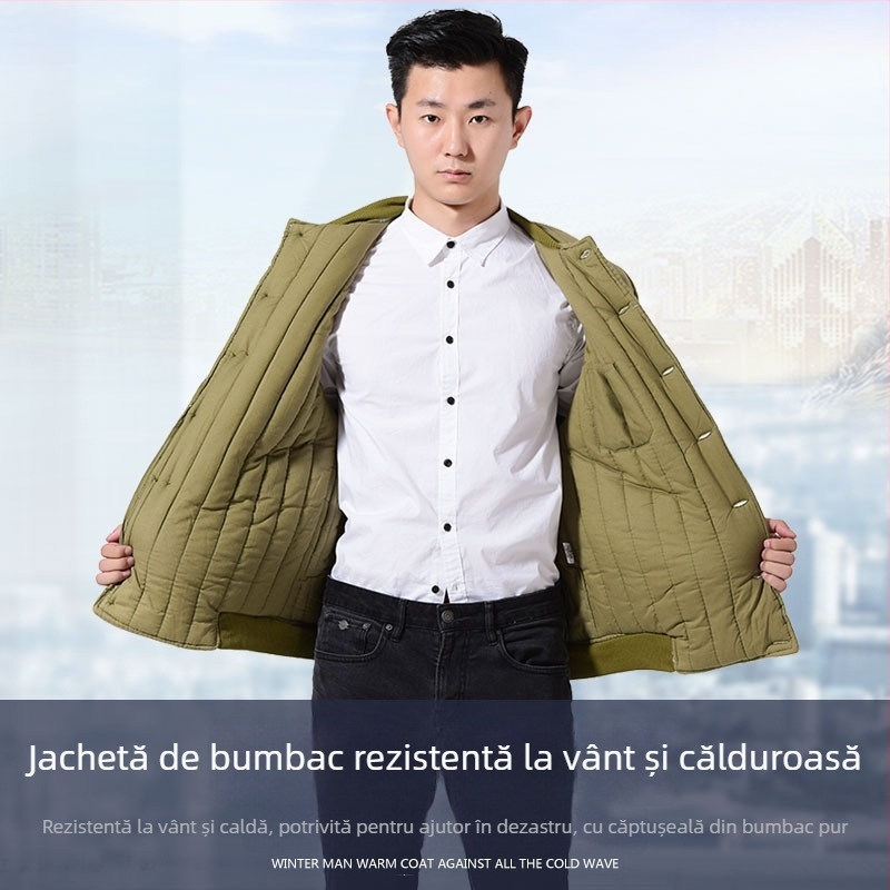 Palton din bumbac pentru bărbați (stil cardigan, croială lejeră, închidere cu nasturi pe un rând, căptușit cu fleece)