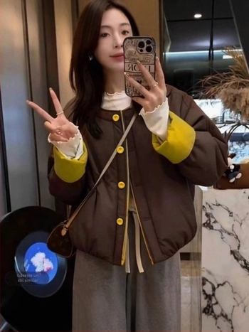 Jachetă scurtă din bumbac, stil coreean, cu căptușeală fleece, grosime mare, material poliester 95%+, închidere cu nasturi într-un singur rând