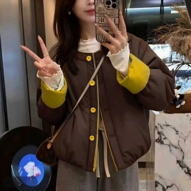 Jachetă scurtă din bumbac, stil coreean, cu căptușeală fleece, grosime mare, material poliester 95%+, închidere cu nasturi într-un singur rând