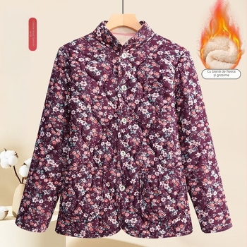 Geacă de bumbac cu imprimeu floral, umplutură din păr de cămilă, material chenille, guler polo, lungime ultra scurtă