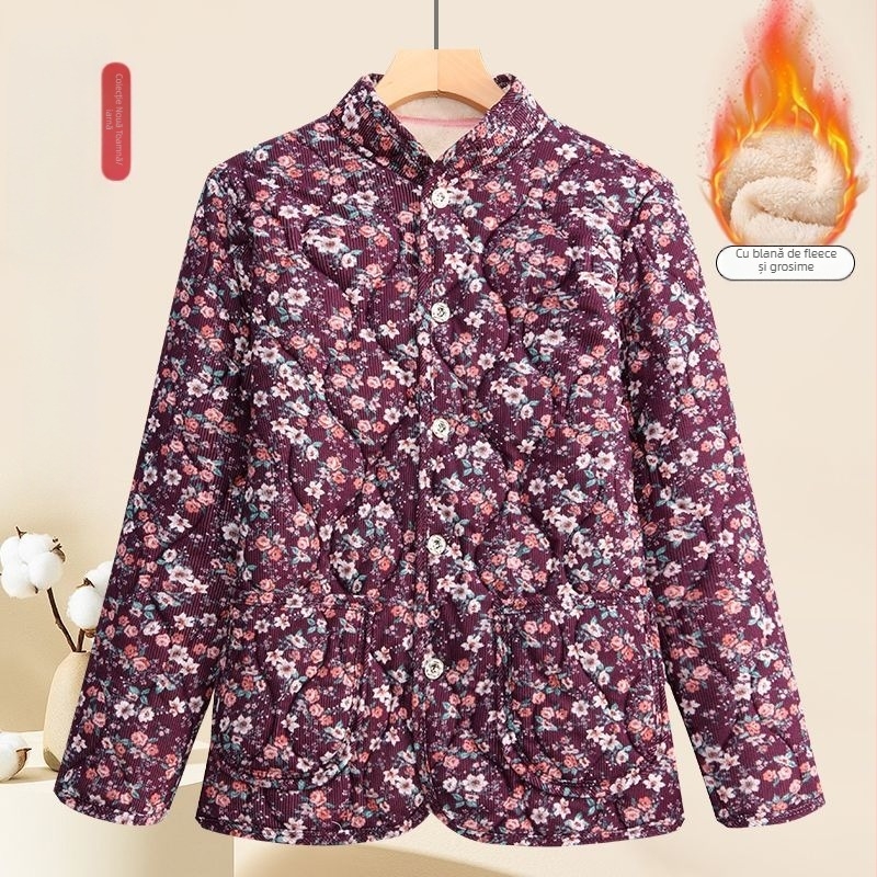 Geacă de bumbac cu imprimeu floral, umplutură din păr de cămilă, material chenille, guler polo, lungime ultra scurtă