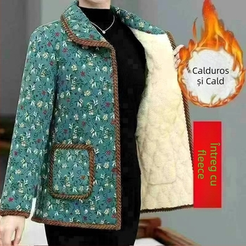Palton din bumbac cu căptușeală fleece, imprimeu floral, izolație groasă, croială relaxată dreaptă, guler rever